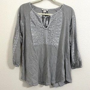 Lucky Brand Womens Shirt Size Large Boho Embroidered Gray